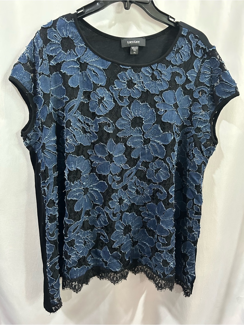 Karen Kane Black Lace Top with Blue Denim Floral Embroidery EUC